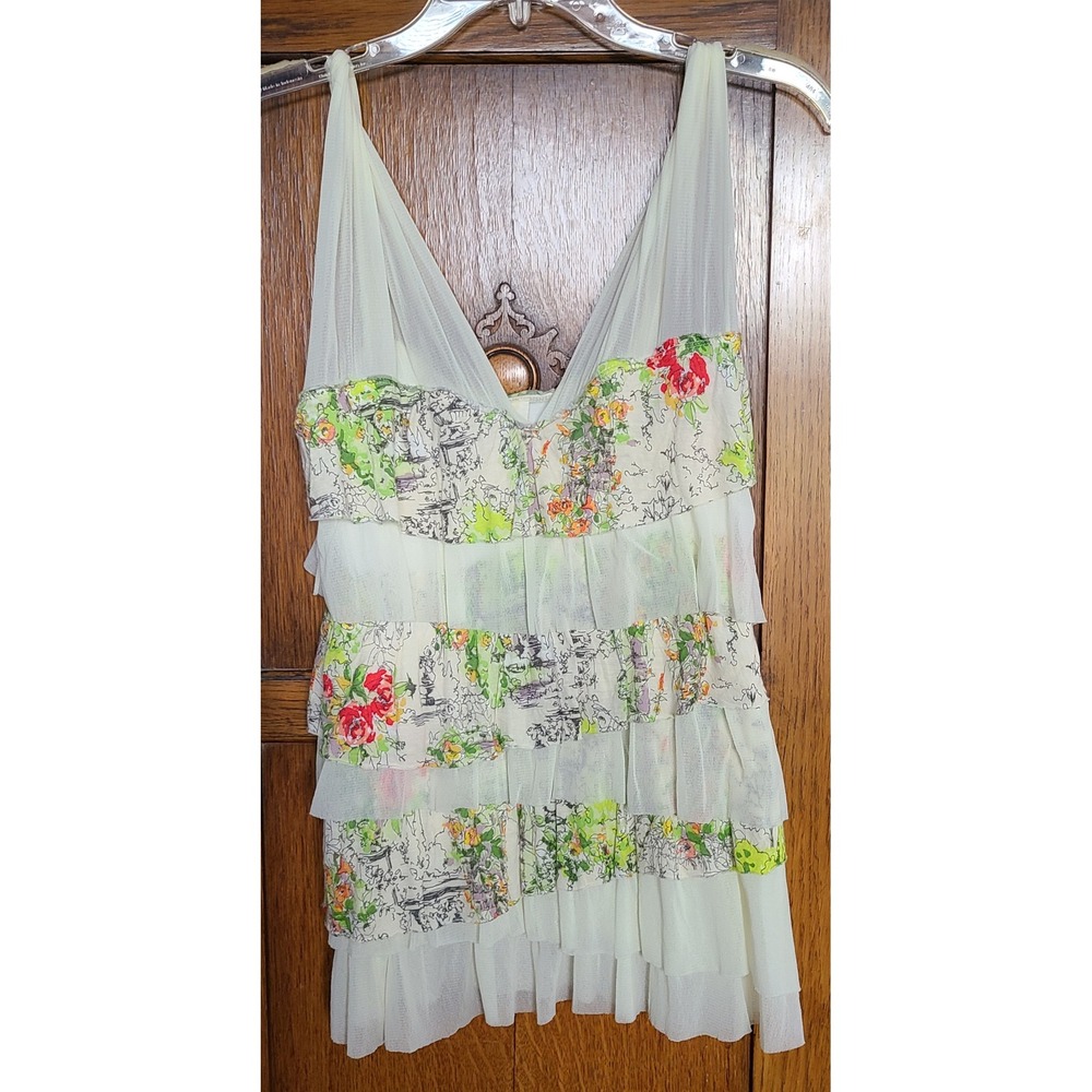 Weston Wear Womens L Floral Tiered Ruffle Tunic Top Mesh V-Neck Sleeveless Cream
